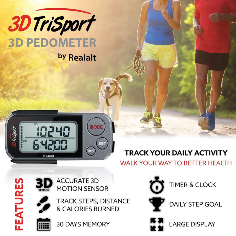 [Australia - AusPower] - Realalt 3DTriSport Walking 3D Pedometer with Clip and Strap, Free eBook | 30 Days Memory, Accurate Step Counter, Walking Distance Miles/Km, Calorie Counter, Daily Target Monitor, Exercise Time. Grey/Black 