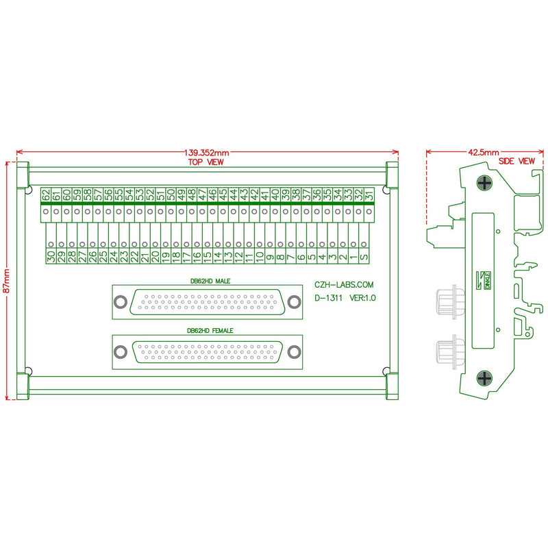 [Australia - AusPower] - CZH-LABS DIN Rail Mount DSUB DB62HD Male/Female Header Interface Module, D-SUB Breakout Board. 