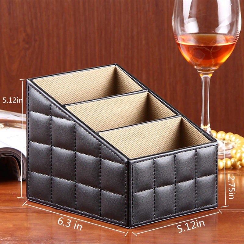 [Australia - AusPower] - RHCSZ Fashionable PU Leather TV Remote Control Holder with 3 Compartments, Storage Rack, Storage Box, Media Accessory Storage, Desk Organizers (Blakc ge) 