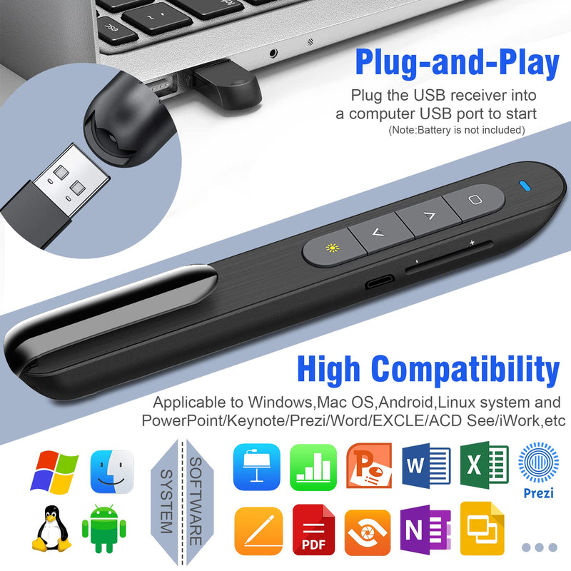 [Australia - AusPower] - Presentation Clicker for Powerpoint, Wireless Presenter Remote PowerPoint Clicker Pointer, 2.4GHz RF USB Rechargeable Presentation Pointer Slide Clicker with Hyperlink Volume Control(Red) 