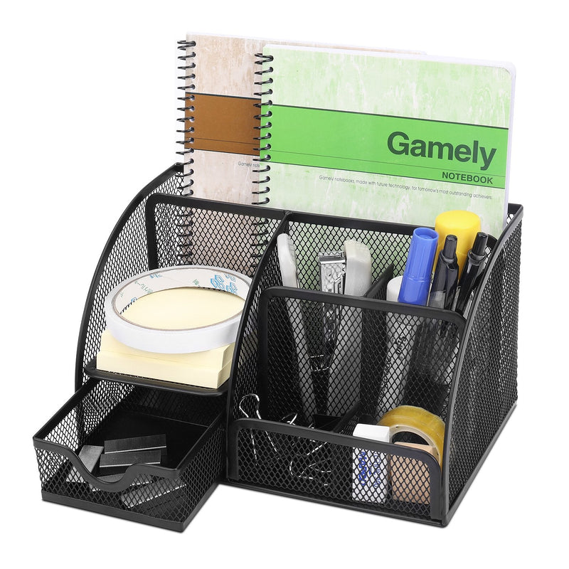 [Australia - AusPower] - Flexzion Desk Organizer Office Supplies Accessories Desktop Tabletop Sorter Shelf Pencil Holder Caddy Set - Metal Mesh with Drawer and 6 Compartments (Black) 