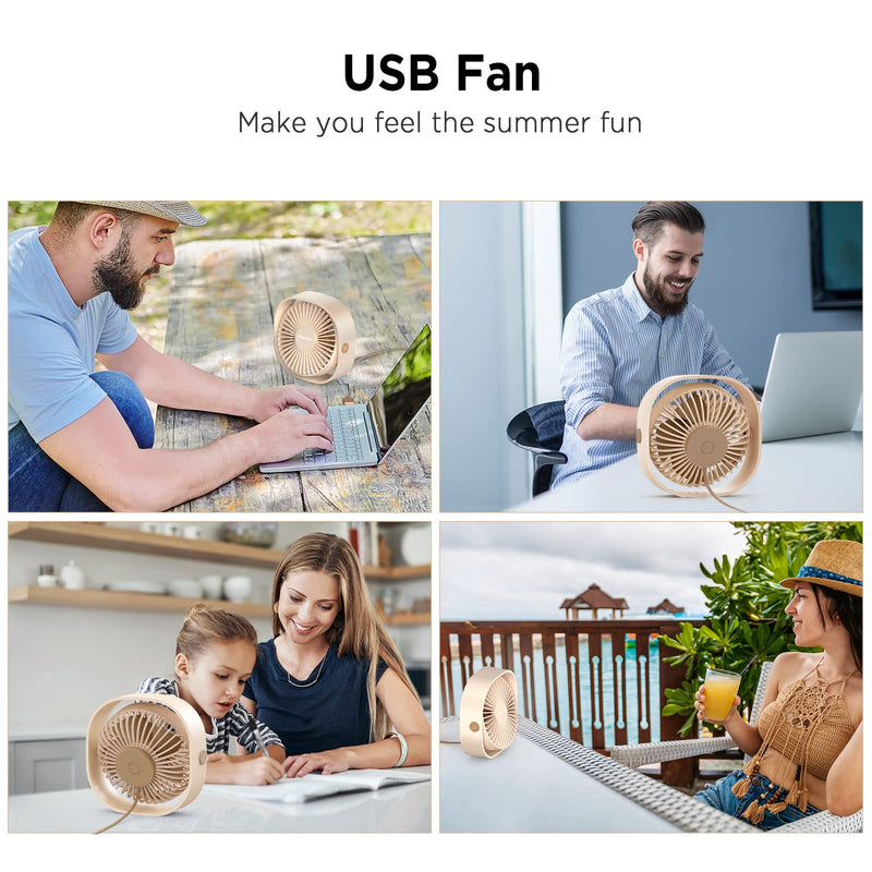 [Australia - AusPower] - EasyAcc USB Desk Fan, 3 Speeds USB Fan [Lower Noise USB Powered ONLY&Powerful Desk Fan] USB Portable Powered Fan, 360°Rotatable Personal Desktop Table Fan Travel Fan for Desk Home Bedroom Office Champagne 