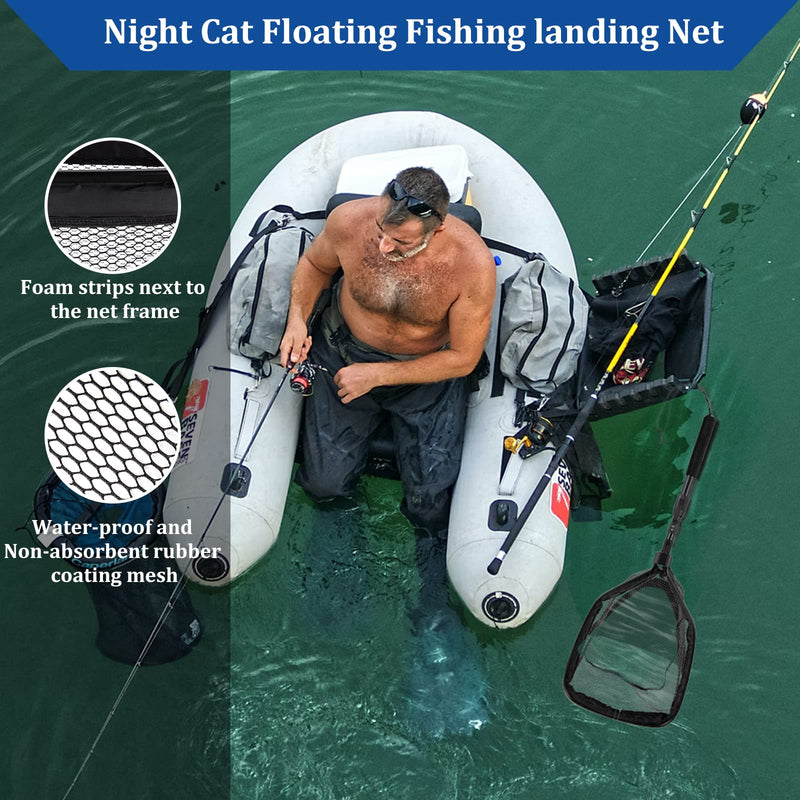 [Australia - AusPower] - Night Cat Floating Fishing Net with Robust Aluminum Alloy Telescopic Pole Folding Fish Landing Net Hook-Proof Rubber Coated Mesh for Freshwater Saltwater Kayak Pond Fly Fishing 