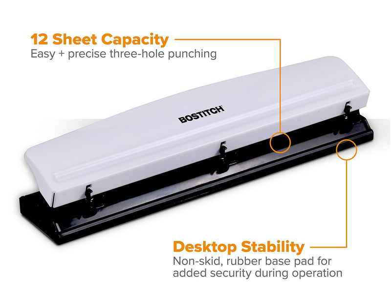 [Australia - AusPower] - Bostitch Office 3 Hole Punch, Durable Metal,Rubber Base, 12 Sheets, White (KT-HP12-WHITE), 1-Pack 