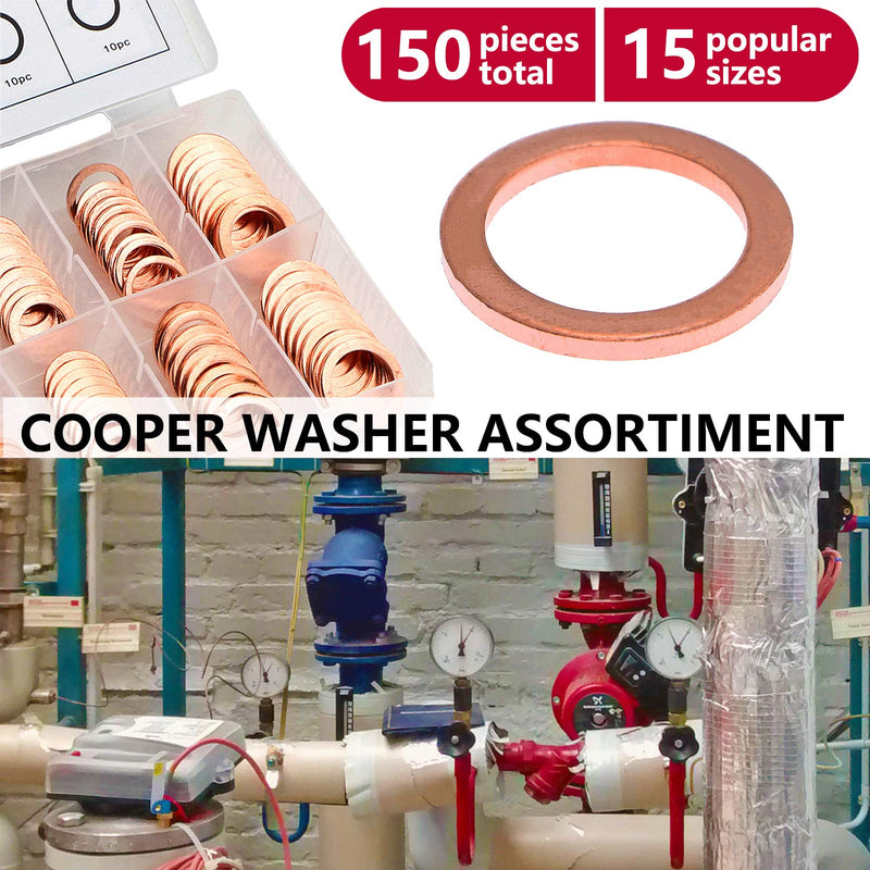 [Australia - AusPower] - Toolwiz 150PCS 15 Sizes Copper Metric Sealing Washers Assortment Set Flat Ring Sump Plug Oil Seal Gasket Sealing Washers Crush Washer Assortment M5/6/7/8/10/10.5/11/12/12.5/14/15/16/16.5/17.5 