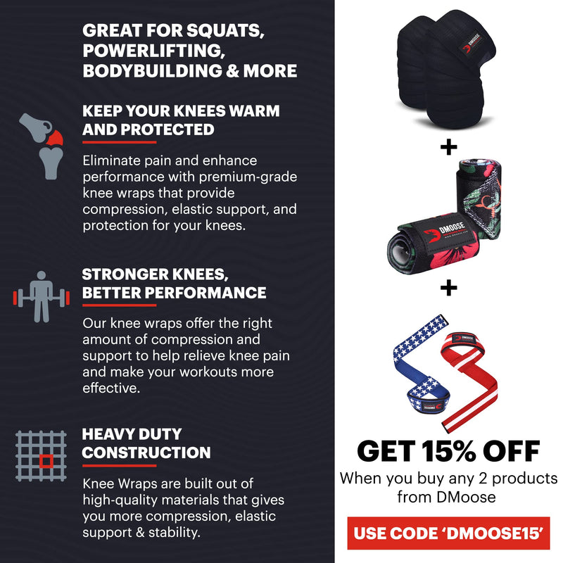 [Australia - AusPower] - DMoose Knee Wraps for Weightlifting - 78" Length Heavy Duty Knee Straps Pair - Avoid Knee Injury - Provides Joint Stability I Cross Training & WODs I Compression & Elastic Support Black / Stripes (Pair) 