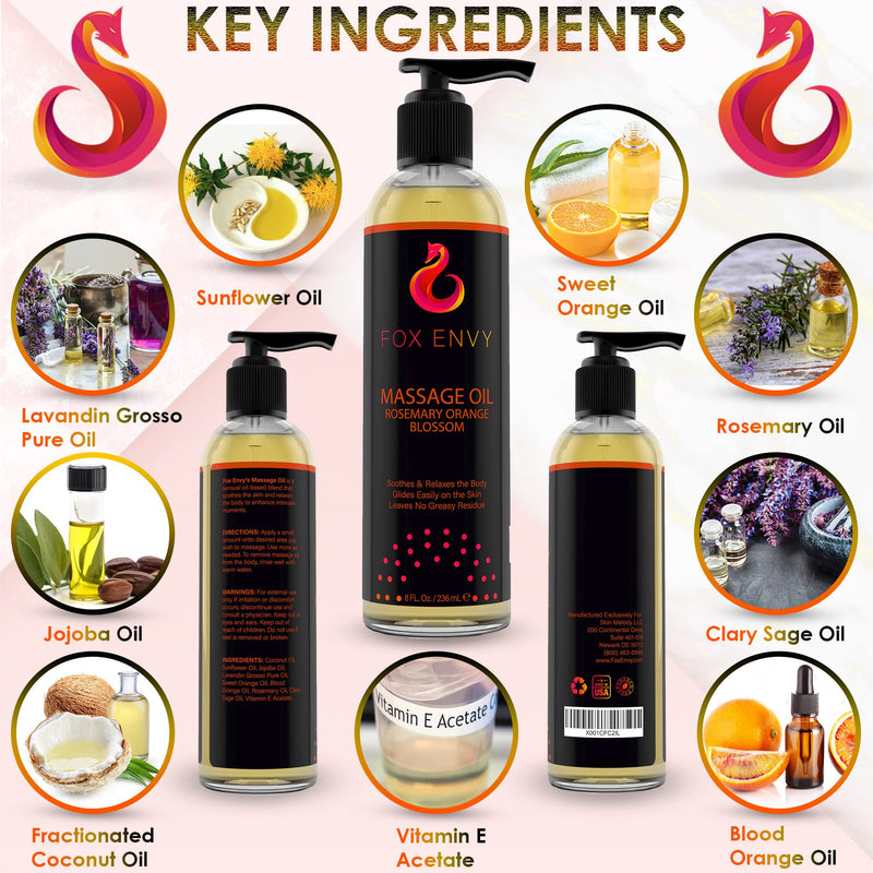 [Australia - AusPower] - Massage Oil for Couples, Women & Men (1 Bottle, 8 fl oz) - Fox Envy Massage Oil with Coconut Oil & Jojoba Oil - Orange Blossom with Rosemary 