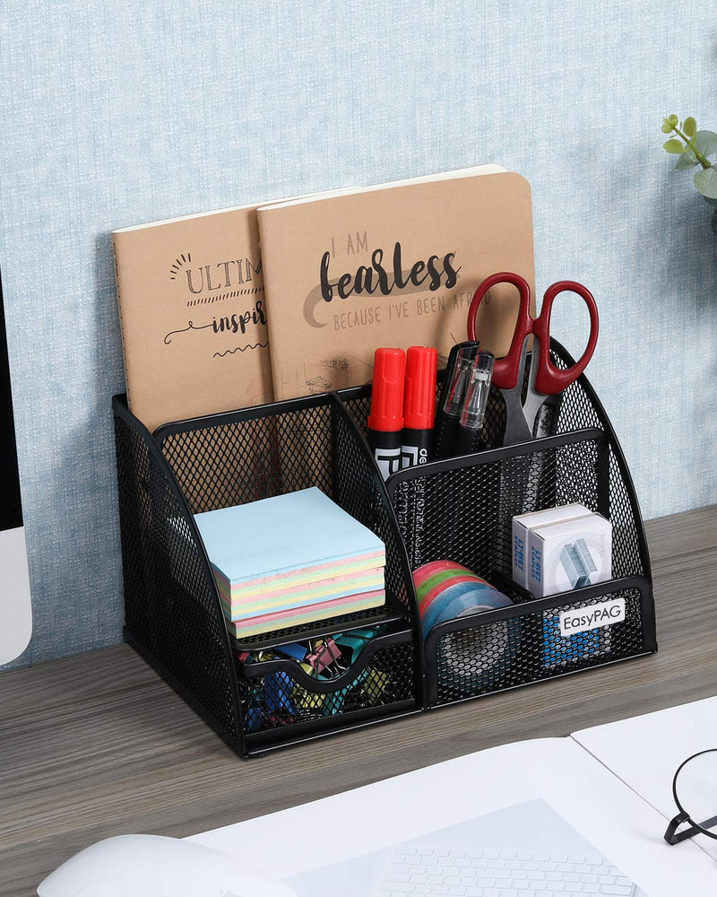 [Australia - AusPower] - EasyPAG Mesh Desk Organizer Caddy with 6 Compartments and 1 Sliding Drawer Desktop Accessories Office Supplies Holder for Home School Classroom, Black 