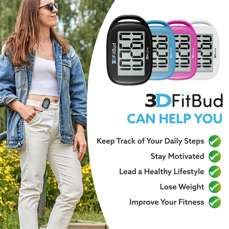 [Australia - AusPower] - 3DFitBud Simple Step Counter Walking 3D Pedometer with Clip and Lanyard, A420S Black 