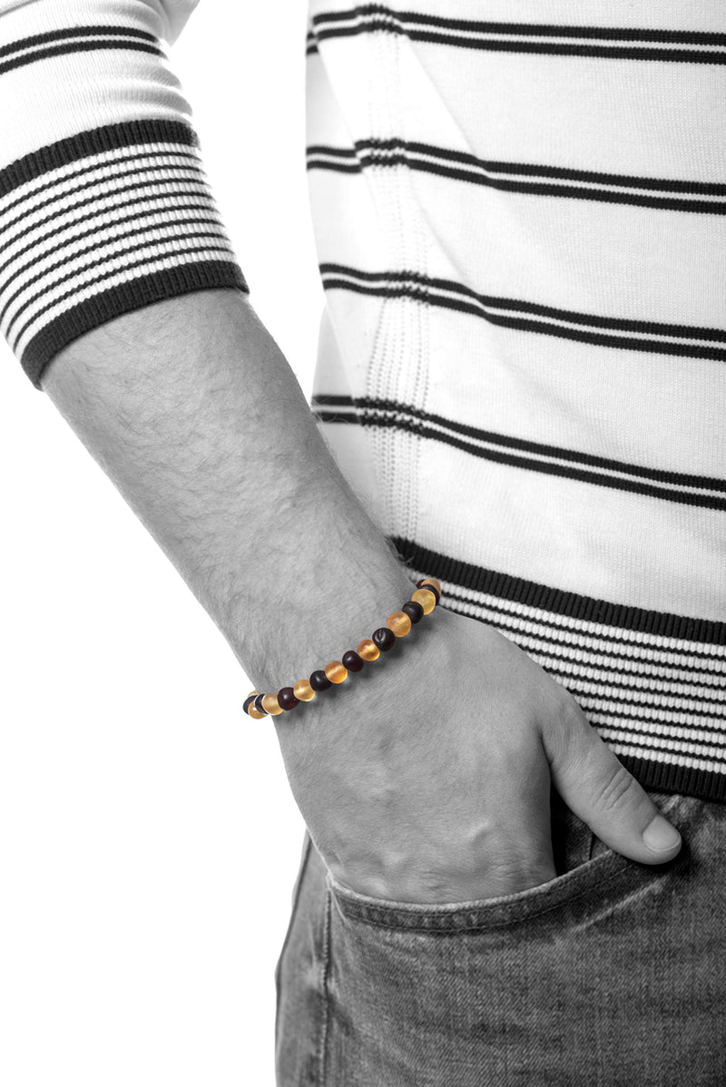 [Australia - AusPower] - AMBERAGE Natural Baltic Amber Bracelet for Adults (Women/Men) - Hand Made from Raw-Unpolished/Certified Baltic Amber Beads(6 Colors) 8.0 Inches Raw-Unpolished Lemon- Dark Cherry 