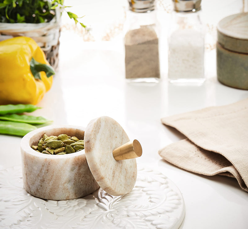 [Australia - AusPower] - Queenza Brown Marble Salt Cellar with Natural Variation of Color - 3 Inch Salt Container with Premium Brass Knob on Lid for Easy Holding 