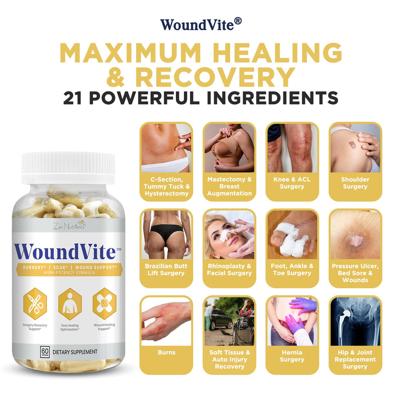 [Australia - AusPower] - Zen Nutrients WoundVite Pre & Post Surgery Support, Scar & Wound Care, Scar Treatment, Plastic & General Surgery, Heal Faster & Aids in Recovery Time w/ Bromelain, Turmeric & Arnica - 60 Vegan Caps 60 Count (Pack of 1) 