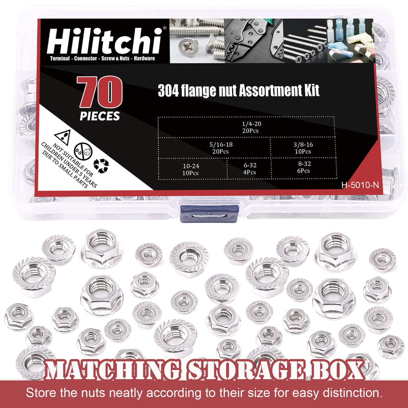 [Australia - AusPower] - Hilitchi 70Pcs 304 Stainless Steel Serrated Flange SAE Hex Lock Nuts 1/4-20 5/16-18 3/8-16 10-24 8-32 6-32 Bright Finish Hex Flange Nuts Assortment Kit 