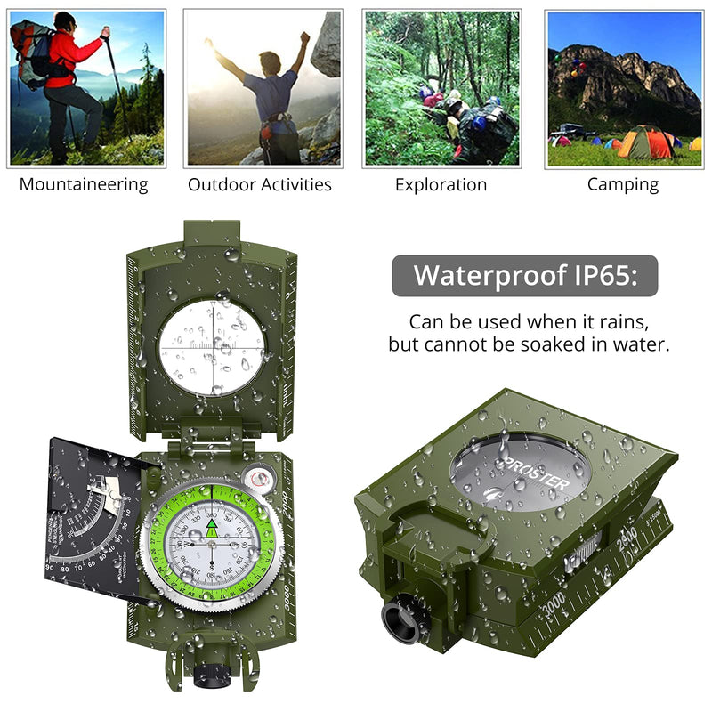 [Australia - AusPower] - Proster IP65 Hiking Compass with Sighting Clinometer Professional Military Compass Metal Camping Compass Waterproof with Carry Bag for Camping Hunting Hiking Geology Activities ArmyGreen Compass 