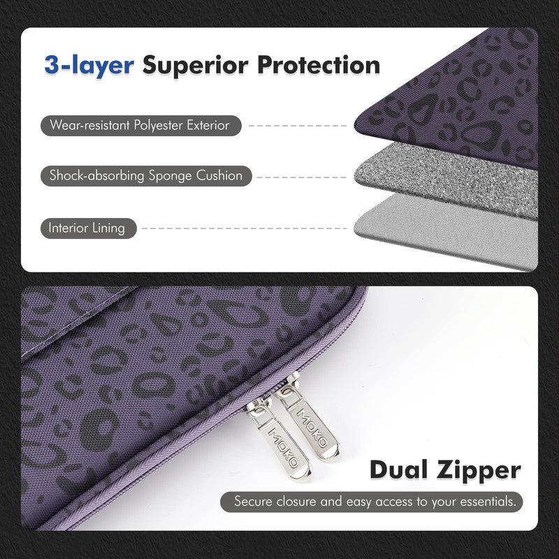 [Australia - AusPower] - MoKo 9-11 Inch Tablet Sleeve Bag, Protective Bag with Two Compartments Fits iPad air 5 10.9" 2022, iPad Pro 11 M2 2022-2018, iPad 9/8/7th 10.2, iPad 10th 10.9, iPad Air 4 10.9, Purple Leopard 