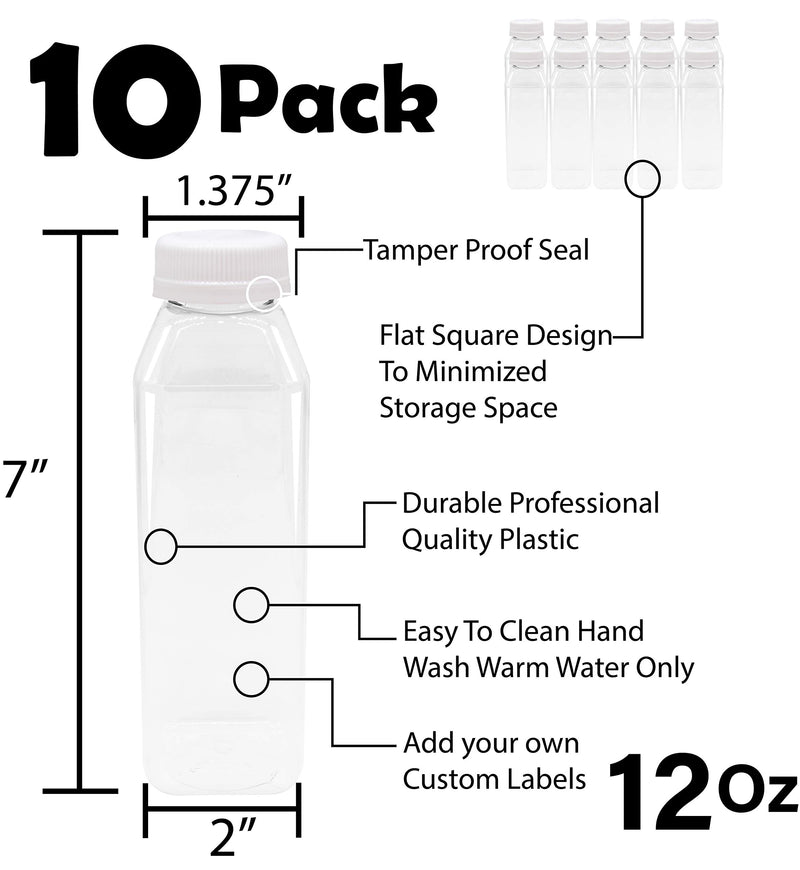 [Australia - AusPower] - 12 oz Empty Juice Bottles Reusable Clear Plastic Disposable Milk Containers with White Tamper Proof Caps Set of 10 