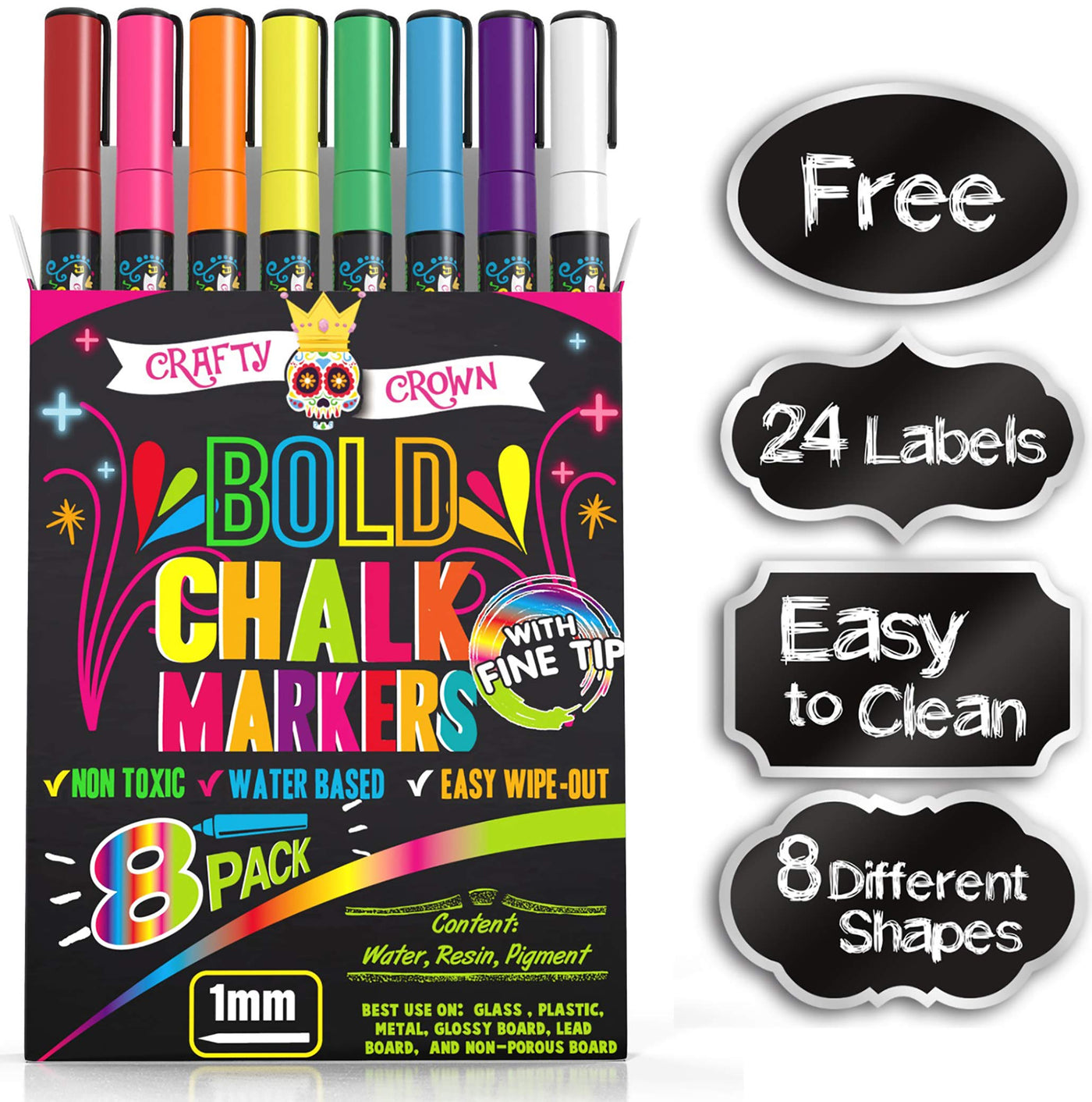Chalky Crown Liquid Chalk Markers - Dry Erase Marker Pens - Chalk Markers  for Chalkboards, Signs, Windows, Blackboard, Glass - Reversible