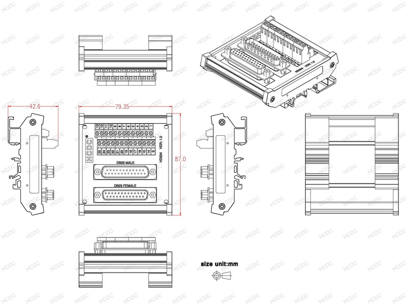[Australia - AusPower] - DIN Rail Mount D-SUB Male-Female Interface Module Terminal Block Breakout Board (DB25) DB25 