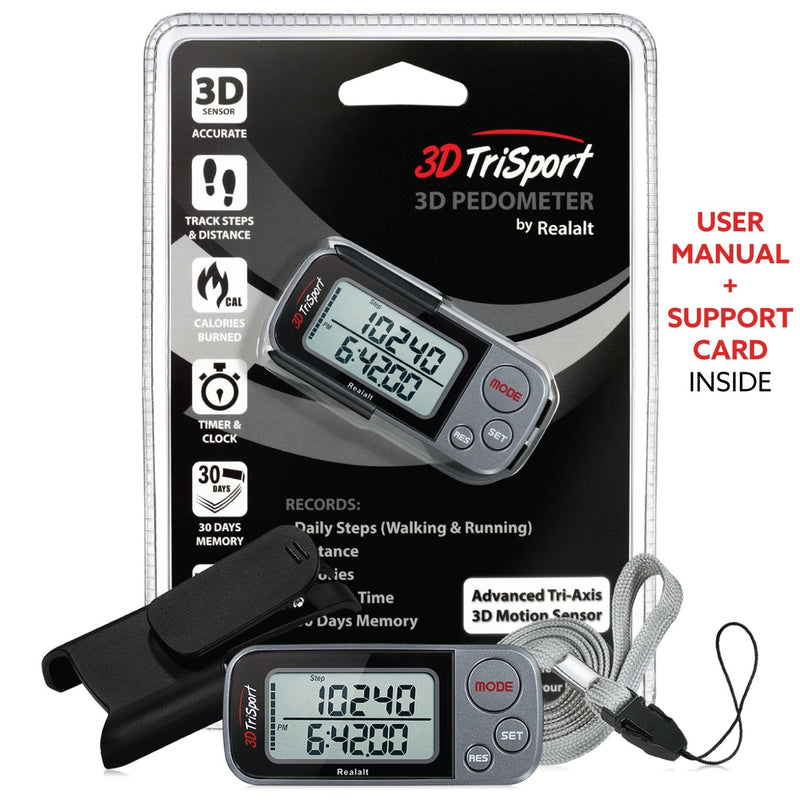 [Australia - AusPower] - Realalt 3DTriSport Walking 3D Pedometer with Clip and Strap, Free eBook | 30 Days Memory, Accurate Step Counter, Walking Distance Miles/Km, Calorie Counter, Daily Target Monitor, Exercise Time. Grey/Black 
