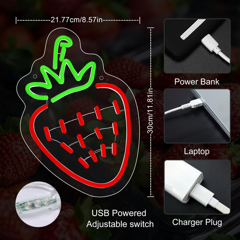 [Australia - AusPower] - Strawberry Neon Sign, Red Green Strawberry Led Sign Shape Neon Light for Fruit Shop, Restaurant, Bedroom Wall Decor, Bar Birthday Art Decoration Christmas with USB Chain Light Modulator 5v 