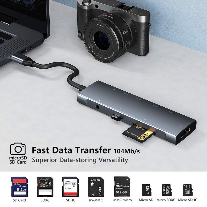 [Australia - AusPower] - USB C Hub Multiport Adapter for iPad Pro MacBook Pro Air M1 2021-2018, 9-in-1 USB C 4K HDMI Adapter with 3.5mm Audio Jack,3xUSB3.0,SD/Micro SD Card Reader,60W USB C Charging,USB-C 3.0 Data 