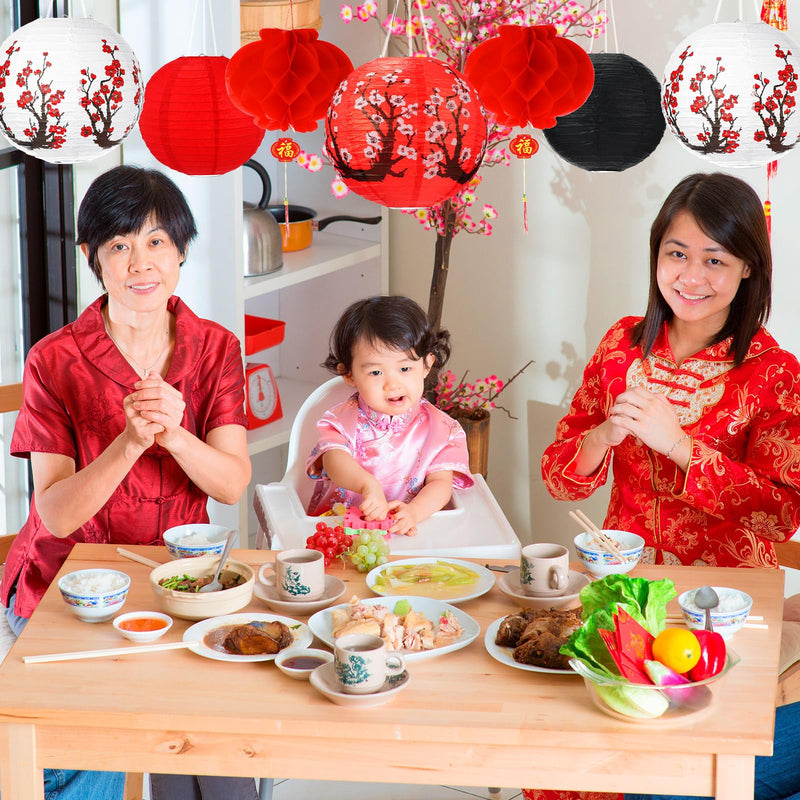 [Australia - AusPower] - Tuanse 30 Pcs LED Chinese Japanese Lanterns Decoration Includes Cherry Flowers Paper Lanterns Red Chinese Lanterns and LED Lantern Lights for New Year Spring Festival (Red, White, Black,Multi Size) 