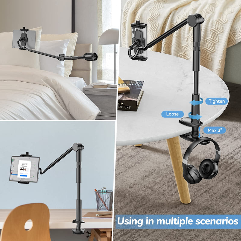 [Australia - AusPower] - Gooseneck Tablet Holder for Bed, 360 Adjustable iPad Stand for Desk Flexible Arm Clip Phone Mount for Video Recording, Bedside & Headboard Clamp for iPad Pro 12.9, Air, Mini, Nexus, Switch (4.7-12.9") Black 