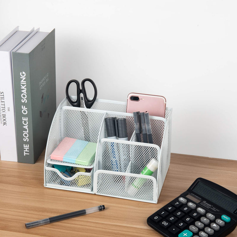[Australia - AusPower] - VANRA Office Supply Caddy Metal Mesh Desktop Supplies Organizer School Supply Holder Stuff Storage Organizer 6 Compartments with Drawer (White) White 