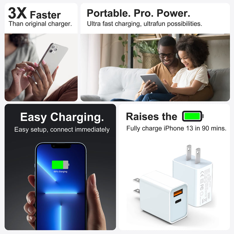 [Australia - AusPower] - iPhone 13 12 Pro Max Charger, Upgraded Certified 2-Pack 20W Durable Dual Port PD Block Fast USB-C Wall Charger for iPhone 13/12/11 /Pro Max, XS/XR/X, iPad Pro, AirPods Pro, Samsung Galaxy and More White 2 Pack 