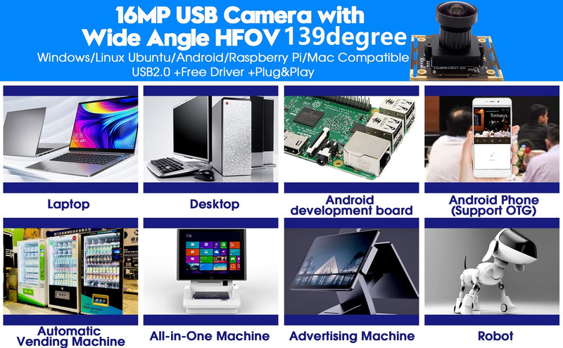 [Australia - AusPower] - ELP 16MP Wide Angle USB Camera Module with 170degree Fisheye Lens for Raspberry Pi and Computer 4K Mini UVC USB2.0 Video Webcam Board Industrial PC Lightburn Camera IMX298 USB with Camera for Laptop 
