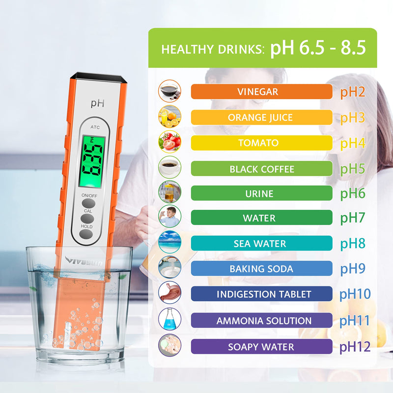 [Australia - AusPower] - VIVOSUN PH Meter Digital PH Tester Pen 0.01 High Accuracy Water Quality Tester with 0-14 PH Measurement Range for Hydroponics, Household Drinking, Pool and Aquarium, with ATC, Orange 