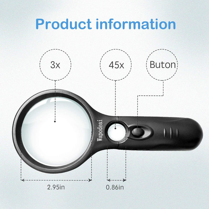 [Australia - AusPower] - Wapodeai Magnifying Glass with Light, 3X 45X High Magnification, LED Handheld Lighted Magnifier, Suitable for Reading, Jewellery, Crafts, Lnspection, Science (Black) 