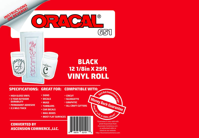 [Australia - AusPower] - 12.125" x 25ft Roll of Oracal 651 Black Craft Vinyl - On a 2.5" Core - Adhesive Vinyl for Cricut, Silhouette, and Cameo Cutters - Gloss Finish - Outdoor and Permanent 12.125" x 25ft 
