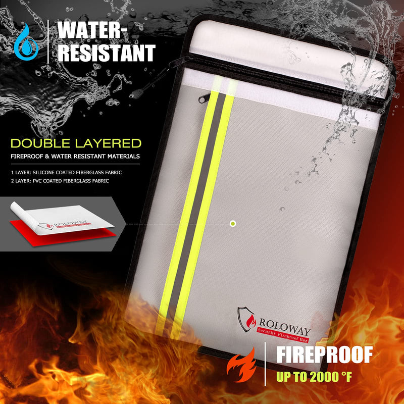 [Australia - AusPower] - ROLOWAY Fireproof Document Bag (15 x 11 inch) with 2 Pockets & Waterproof Zipper, Fireproof Money Bag, Fire Safe Bag with Reflective Strip, Fireproof Envelope for Cash, Legal Documents Safe (Silver) Silver 