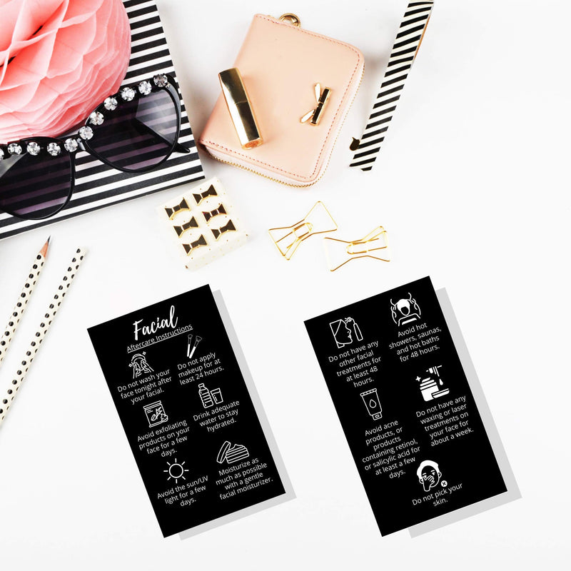 [Australia - AusPower] - Facial Aftercare Cards | 50 Pack | Size 2 x 3.5” inches Business Card Size | Facial PMU | Aftercare Instructions Black with Icons Design 