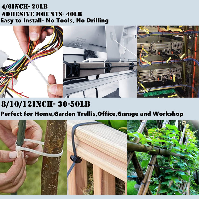 [Australia - AusPower] - Zip Wire Ties 300Pcs Small Cable Zip Ties with Cable Mounts Nylon Zip Cable Ties Assorted Sizes 4+6+8+10+12 Inch, Self-Locking Tie Wraps Perfect for Home Garden Trellis Office Garage Workshop Black+ White-300Pcs 