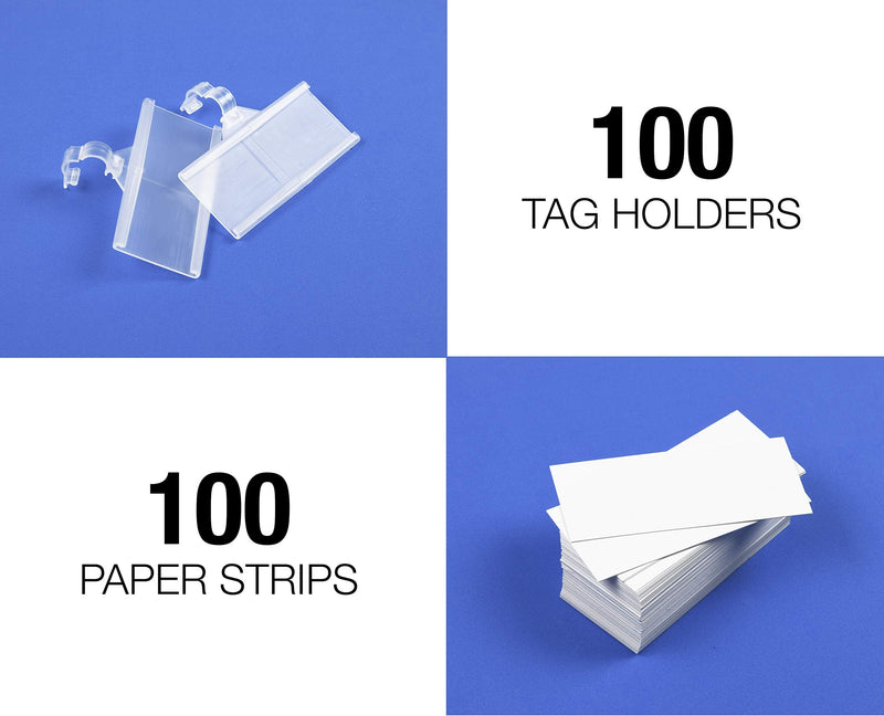 [Australia - AusPower] - Pack of 100 – Plastic Wire Shelf Label Holder, Sign and Ticket Holder, Easy Clip Design with Tight Snap Lock Closure. Height, 1-1/4" X Width, 3" | 100 Label Inserts Included 