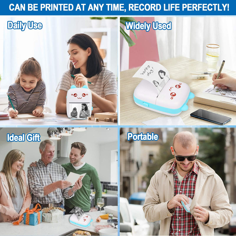 [Australia - AusPower] - Portable Printer, Mini Pocket Wireless Bluetooth Thermal Printers with 6 Rolls Printing Paper for Android iOS Smartphone, BT Inkless Printing Gift for Label Receipt Photo Notes Study Home Office, Blue 