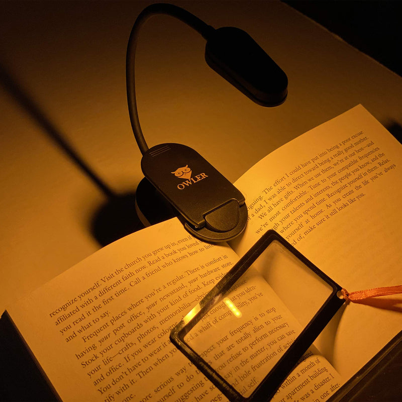 [Australia - AusPower] - Book Light for Reading in Bed at Night by OWLER, Clip On Amber Book Light, Warm LED Reading Night Light, USB Rechargeable, Kindle Accessory, Lampara para Leer Libros, Comes with Magnifier Bookmark 