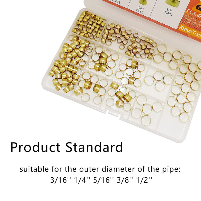 [Australia - AusPower] - XmucTech, 200PCS Brass Compression Fitting Ferrule Sleeve, 5 Sizes OD（316In 14In 516In 38In 12In) Assortment Kit 