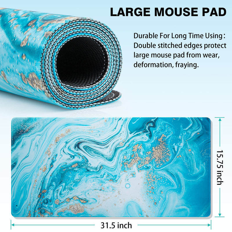 [Australia - AusPower] - Large Mouse Pad, Marble Desk Mat, Canjoy 31.5" x 15.7" Extended Gaming Mouse Pad Waterproof Computer Keyboard Mousepads with Non-Slip Rubber Base for Work, Game, Office, Home Light Blue Gold Marble 