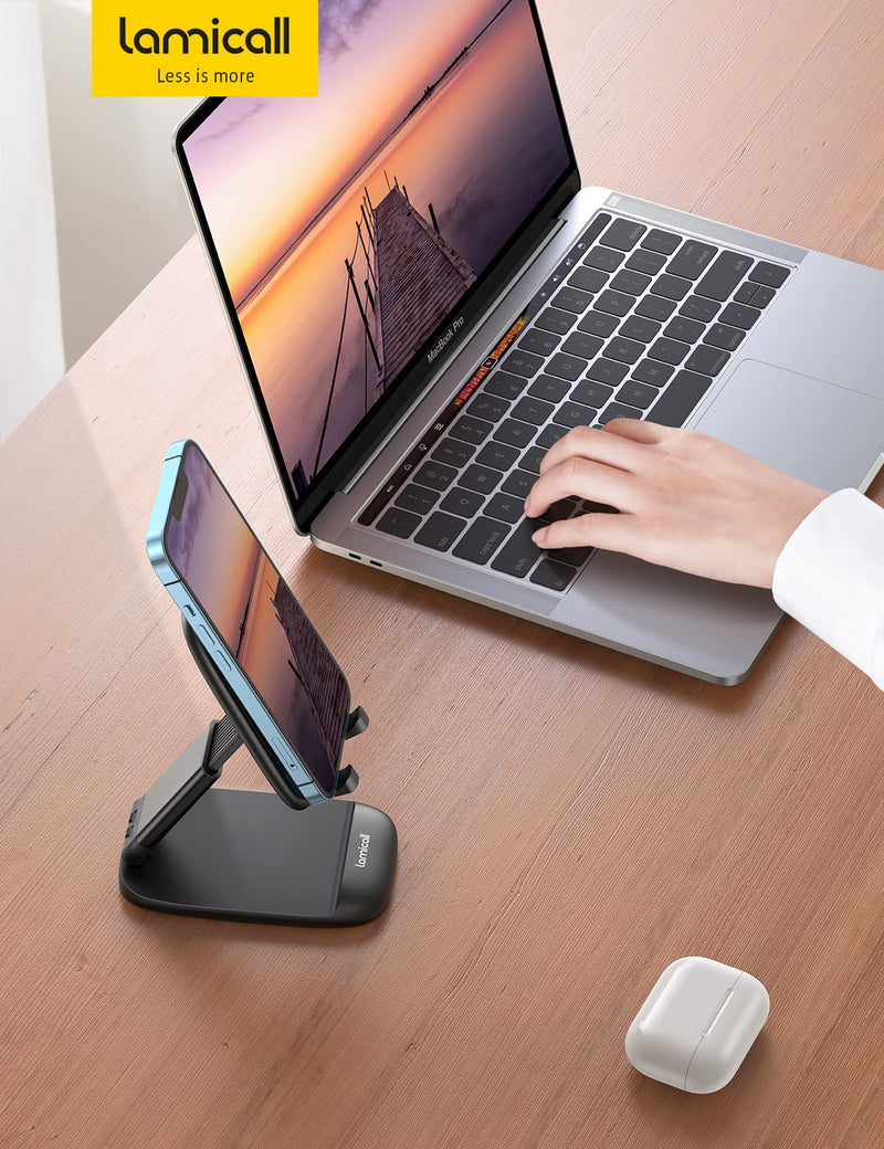 [Australia - AusPower] - Lamicall Foldable Phone Stand for Desk - Height Adjustable Cell Phone Holder Portable Cellphone Cradle Desktop Dock Compatible with iPhone 13 Pro Max Mini, 12 11 XR X 8 7 6 Plus SE, 4-8'' Smartphone Black 