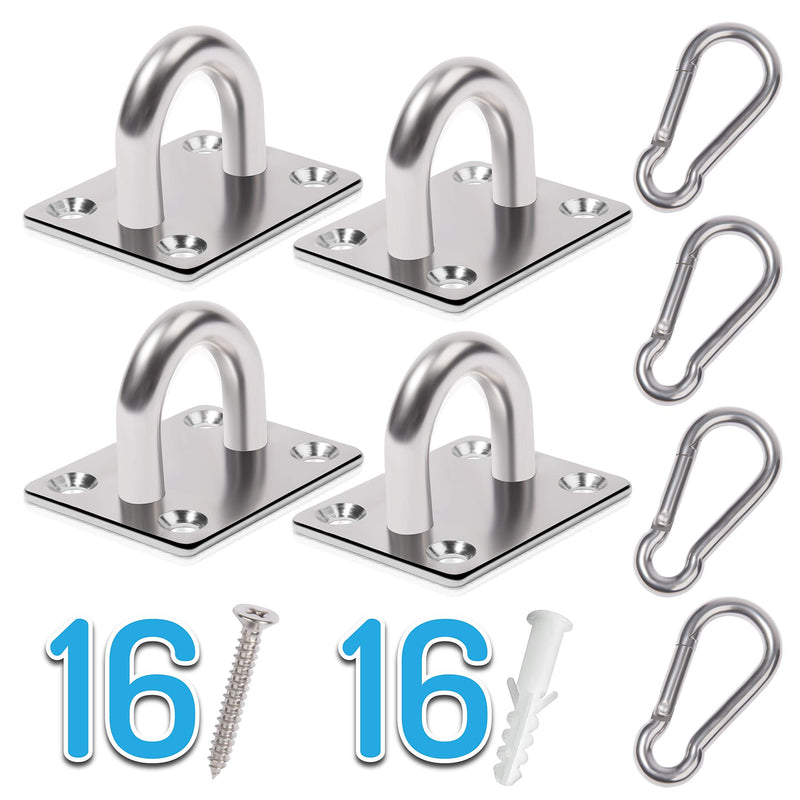 [Australia - AusPower] - 4 PCS M6 Premium Heavy Duty Square Stainless Steel Pad Eye Hooks + 4PCS Snap Hooks and 16 PCS Screws with 16 PCS Plastic Expansion Tube, Ceiling Hooks Heavy Duty for Outdoor Indoor Activity 