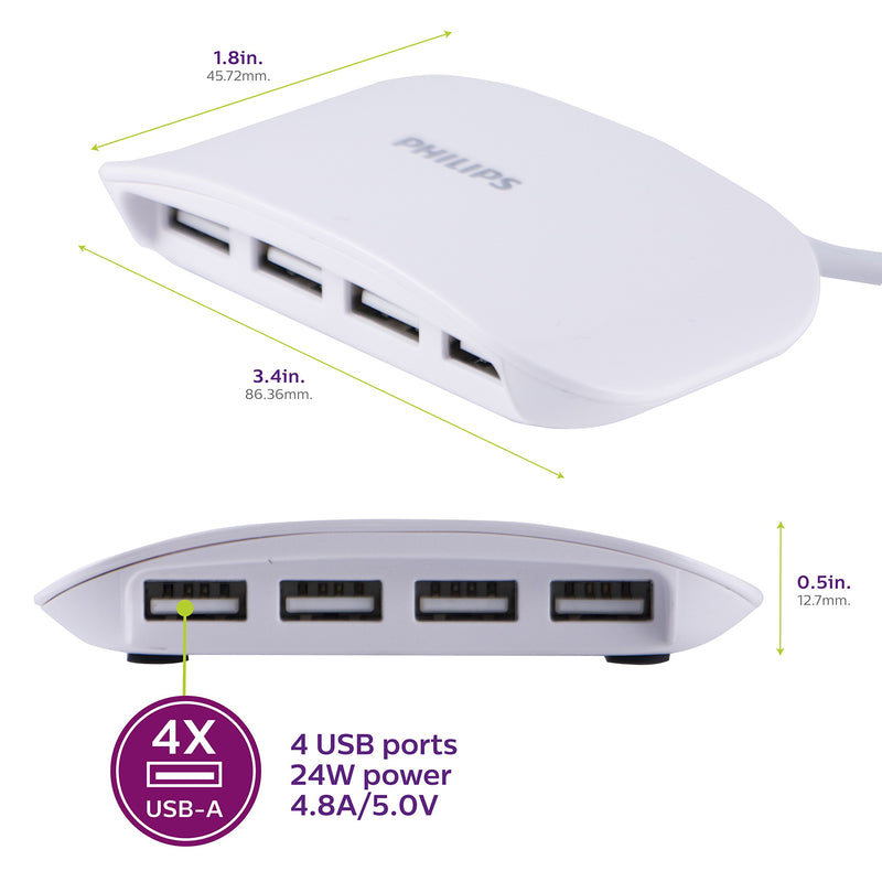 [Australia - AusPower] - Philips 24W 4-Port USB Charging Station, for iPhone 11/Pro/Max/XS/XR/X/8, iPad Pro, Samsung Galaxy S10/S9/Plus, Google Pixel, USB-A, Use on Bedside or Tabletop, 5 Ft. Cord, White, DLK51340M/37 1 Pack 