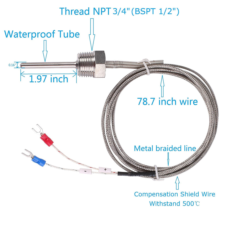 [Australia - AusPower] - Waterproof K Type Thermocouple - Jaybva Grounded Temperature Sensor Probe for PID Temperature Controller Two Wire Stainless Steel NPT3/4" BSPT 1/2" inch Pipe Thread 0~500℃ with 2m Shield Wire 1/2" K Type 