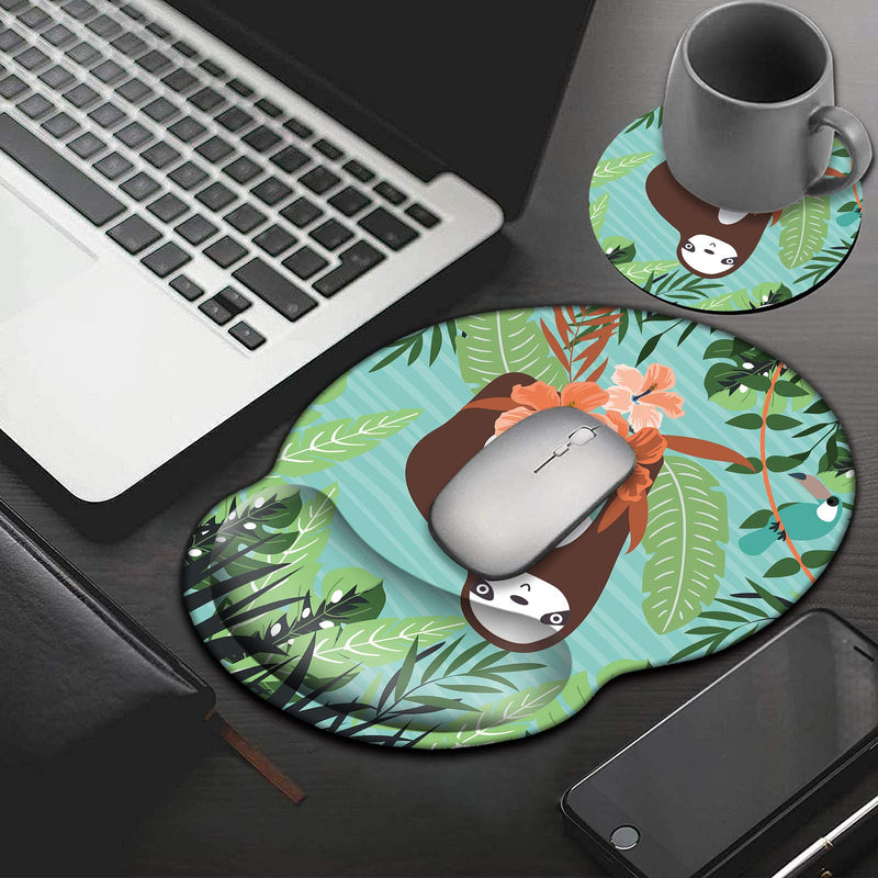 [Australia - AusPower] - Mouse Pad with Wrist Support Gel, AUOX Ergonomic Mouse Pad with Comfortable Wrist Rest, Gaming Mousepad Non-Slip PU Base for Laptop Office Working Home Easy Typing & Pain Relief, Leaves and Sloth 
