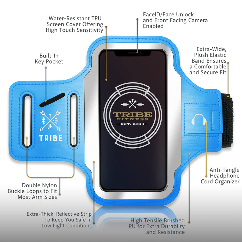 [Australia - AusPower] - TRIBE Running Phone Holder Armband. iPhone & Galaxy Cell Phone Sports Arm Bands for Women, Men, Runners, Jogging, Walking, Exercise & Gym Workout. Fits All Smartphones. Adjustable Strap, CC/Key Pocket M: iPhone Pro/X/XS/Galaxy S (Not Plus) Light Blue 