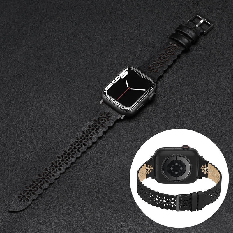 [Australia - AusPower] - Bandiction Lace Leather Band Compatible with Apple Watch 38mm 40mm 41mm 42mm 44mm 45mm Women, Genuine Leather iWatch Bands Slim Thin Hollow-Out with Classic Clasp for iWatch Series SE 7 6 5 4 3 2 1 Balck/black 38mm/40mm/41mm 