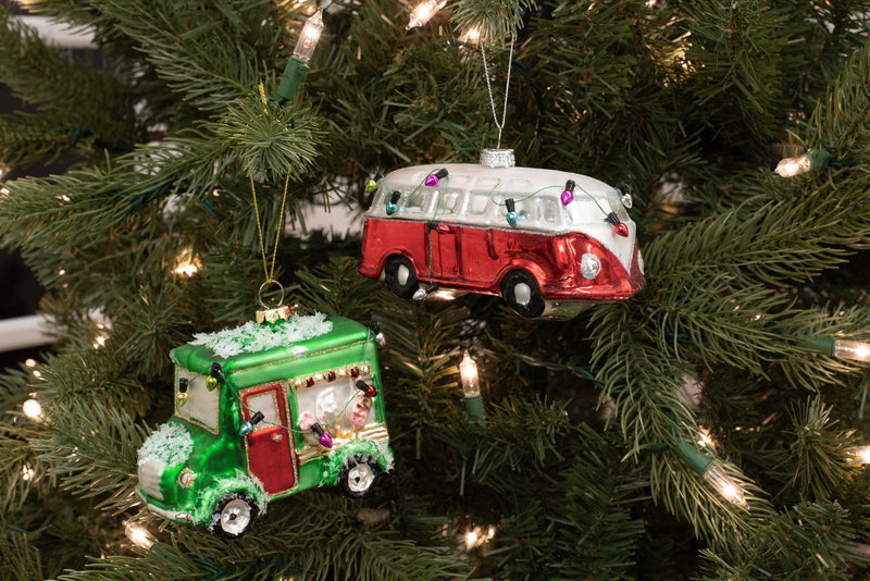 [Australia - AusPower] - Green Food Truck and Red Retro Van 3.75 inch Glass Holiday Hanging Ornament Set of 2 
