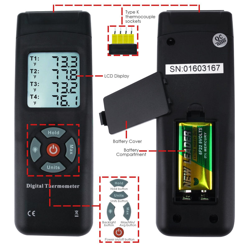 [Australia - AusPower] - Digital 4 Channels K Type Thermocouple Thermometer with Metal & Bead Probes, Handheld with Backlight, High Temp Meter Tester Multi Measurement Instrument Tool 